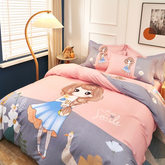 91家纺网 家纺一手货源 找家纺 雲归梦2021全棉大版生态磨毛四件套卡通花型第1批 米蕾粉