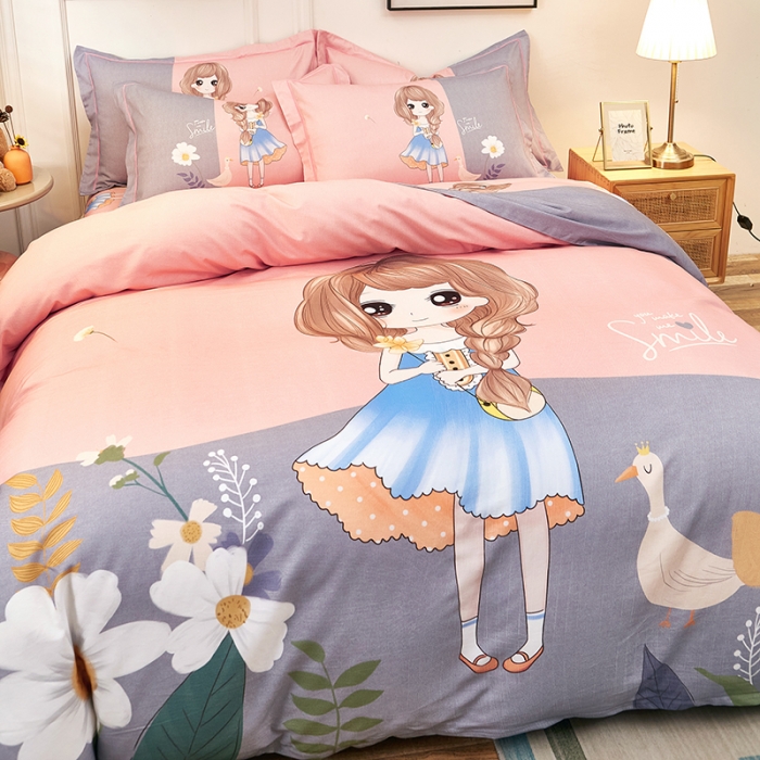 91家纺网 家纺一手货源 找家纺 雲归梦2021全棉大版生态磨毛四件套卡通花型第1批 米蕾粉