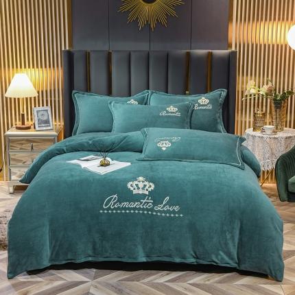 91家纺网 家纺一手货源 找家纺 逸林家纺《原希尔顿逸林》 加厚牛奶绒刺绣款宝宝婴儿绒保暖四件套皇冠-豆绿