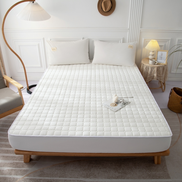 91家纺网 家纺一手货源 找家纺 卡伦家纺 2025新款全棉色织水洗棉床笠 白色