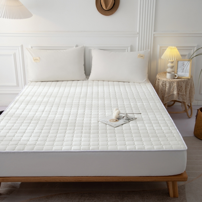 91家纺网 家纺一手货源 找家纺 卡伦家纺 2025新款全棉色织水洗棉床笠 白色