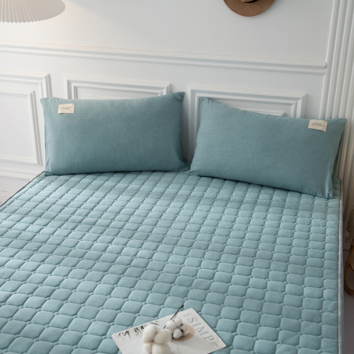 91家纺网 家纺一手货源 找家纺 卡伦家纺 2025新款全棉色织水洗棉床笠 浅蓝