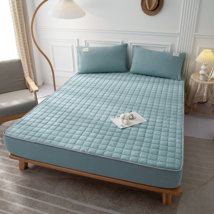 91家纺网 家纺一手货源 找家纺 卡伦家纺 2025新款全棉色织水洗棉床笠 浅蓝