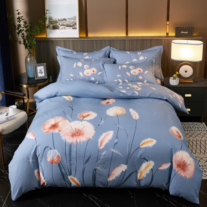 91家纺网 家纺一手货源 找家纺 芊寻家居 2024新款全棉大版磨毛四件套 花草巷蓝