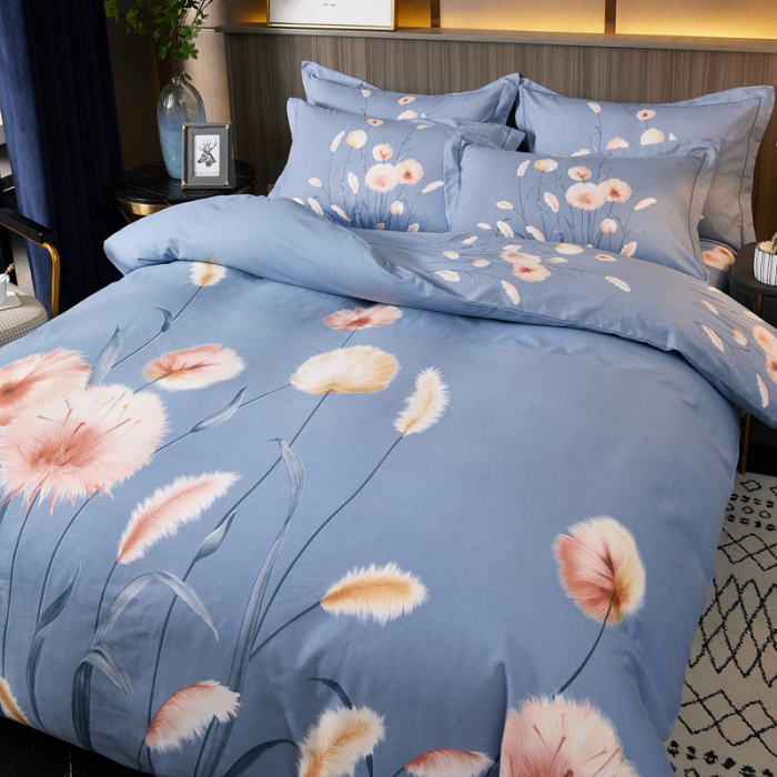 91家纺网 家纺一手货源 找家纺 芊寻家居 2024新款全棉大版磨毛四件套 花草巷蓝