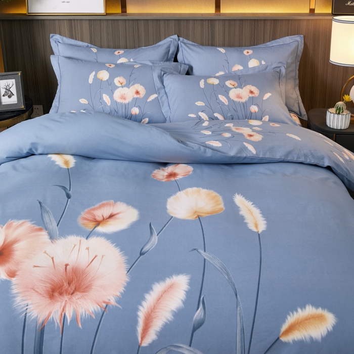 91家纺网 家纺一手货源 找家纺 芊寻家居 2024新款全棉大版磨毛四件套 花草巷蓝