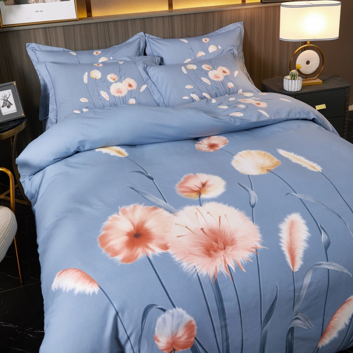 91家纺网 家纺一手货源 找家纺 芊寻家居 2024新款全棉大版磨毛四件套 花草巷蓝