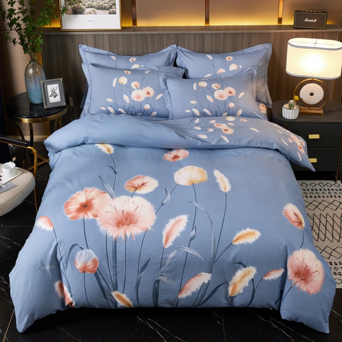 91家纺网 家纺一手货源 找家纺 芊寻家居 2024新款全棉大版磨毛四件套 花草巷蓝