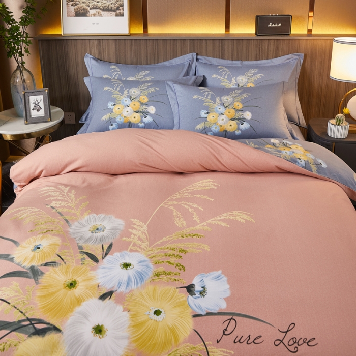 91家纺网 家纺一手货源 找家纺 芊寻家居 2024新款全棉大版磨毛四件套 花涛香海