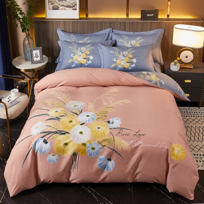 91家纺网 家纺一手货源 找家纺 芊寻家居 2024新款全棉大版磨毛四件套 花涛香海