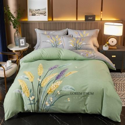 91家纺网 家纺一手货源 找家纺 芊寻家居 2024新款全棉大版磨毛四件套 金色麦浪绿