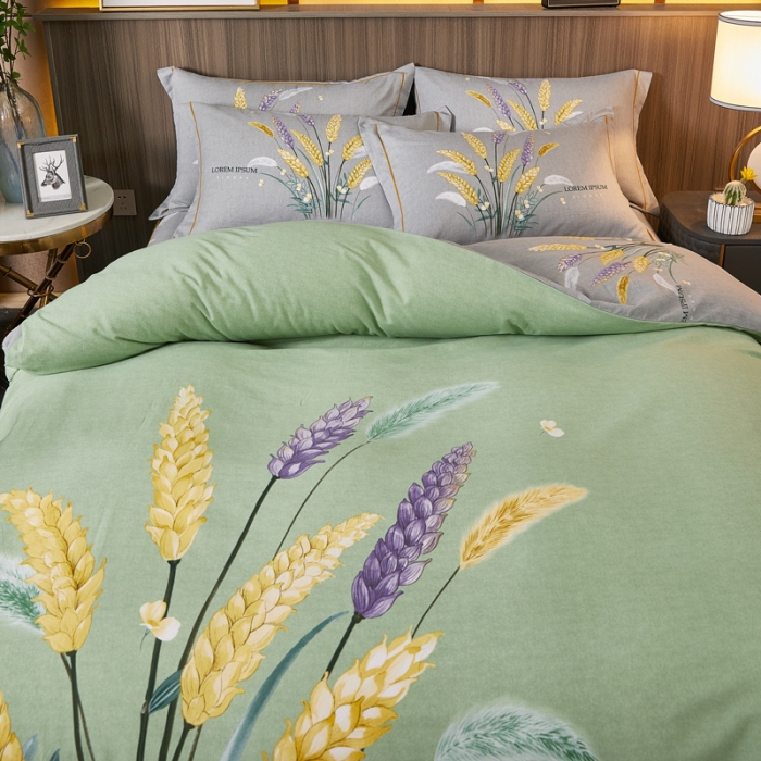 91家纺网 家纺一手货源 找家纺 芊寻家居 2024新款全棉大版磨毛四件套 金色麦浪绿