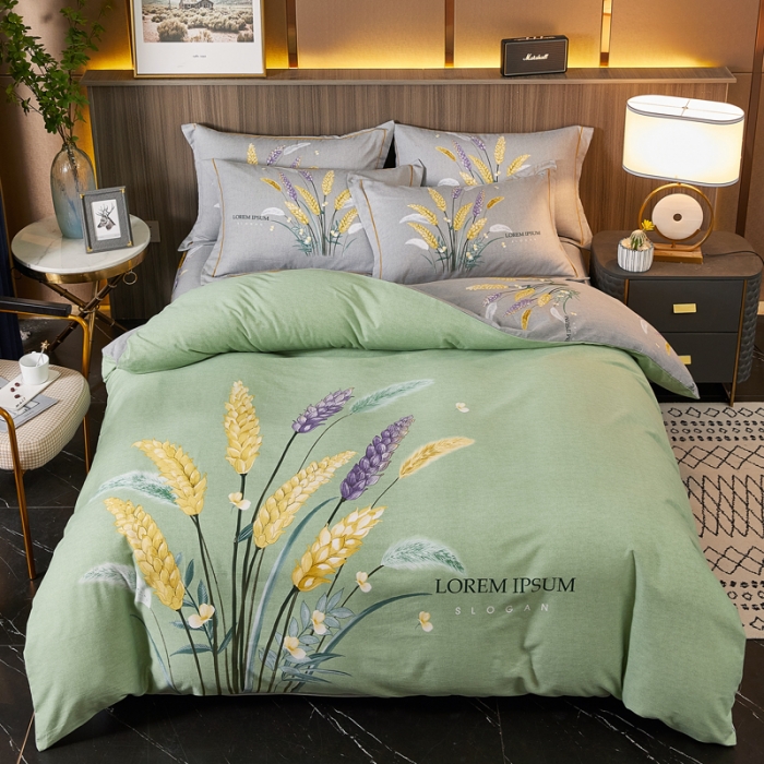 91家纺网 家纺一手货源 找家纺 芊寻家居 2024新款全棉大版磨毛四件套 金色麦浪绿