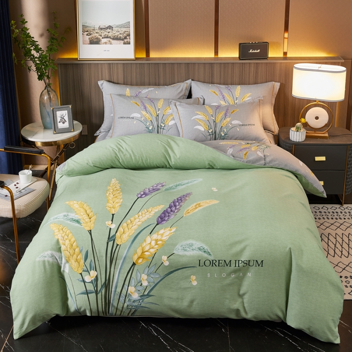 91家纺网 家纺一手货源 找家纺 芊寻家居 2024新款全棉大版磨毛四件套 金色麦浪绿