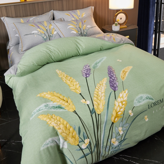 91家纺网 家纺一手货源 找家纺 芊寻家居 2024新款全棉大版磨毛四件套 金色麦浪绿