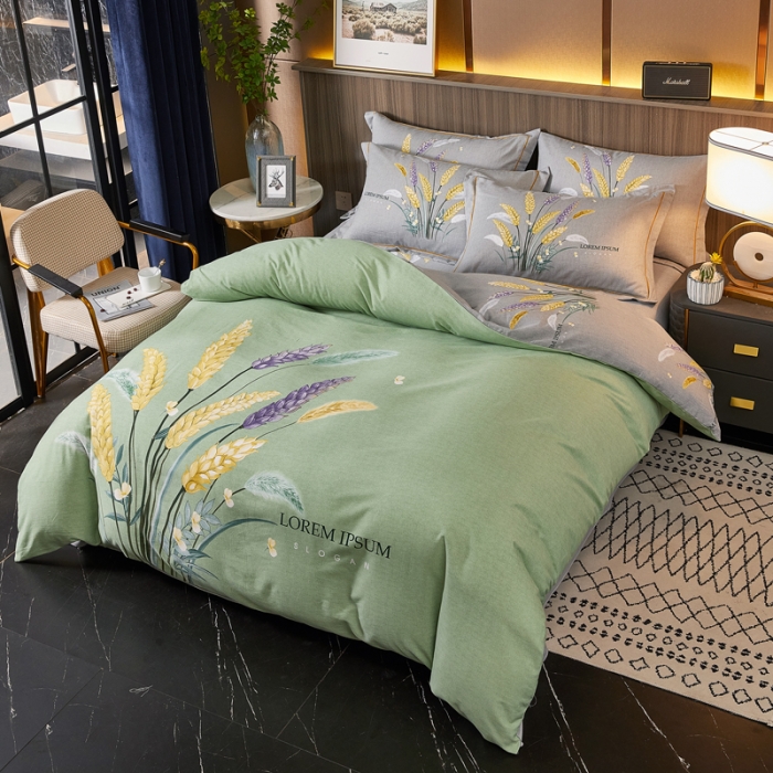 91家纺网 家纺一手货源 找家纺 芊寻家居 2024新款全棉大版磨毛四件套 金色麦浪绿