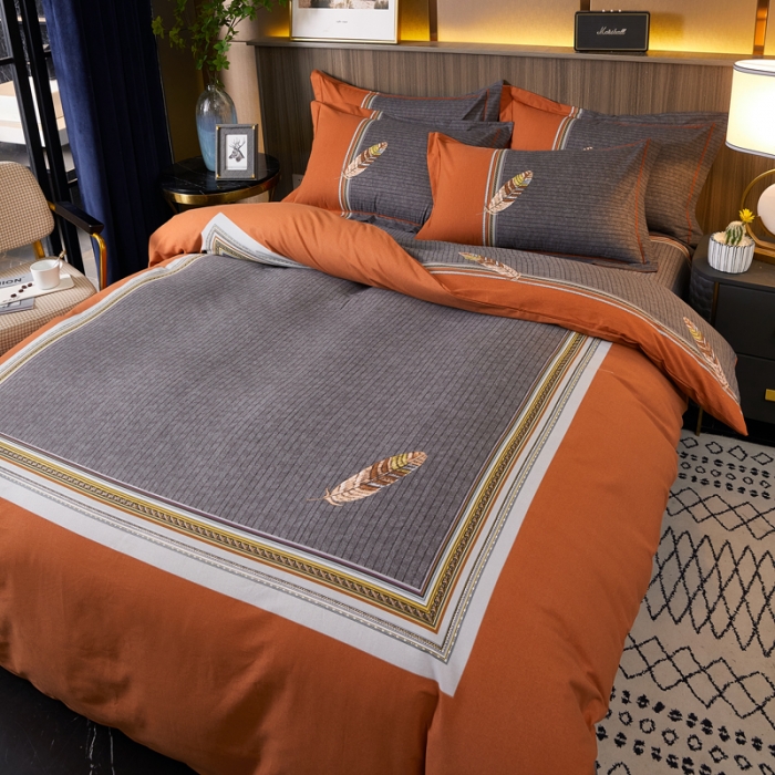 91家纺网 家纺一手货源 找家纺 芊寻家居 2024新款全棉大版磨毛四件套 云深梦桔