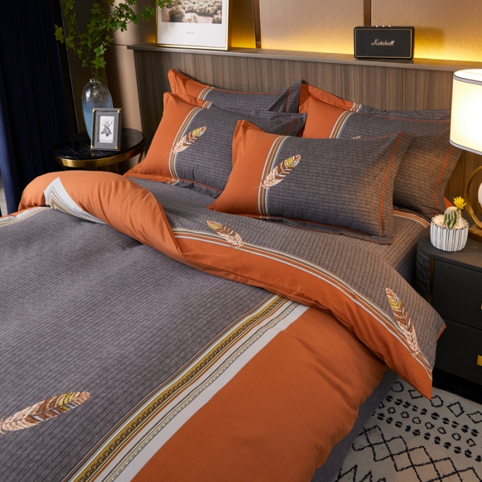 91家纺网 家纺一手货源 找家纺 芊寻家居 2024新款全棉大版磨毛四件套 云深梦桔