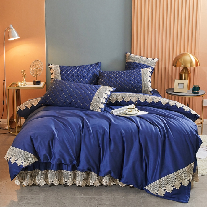 91家纺网 家纺一手货源 找家纺 十个点家纺 2021新款水溶边夹棉单品被套 宝蓝