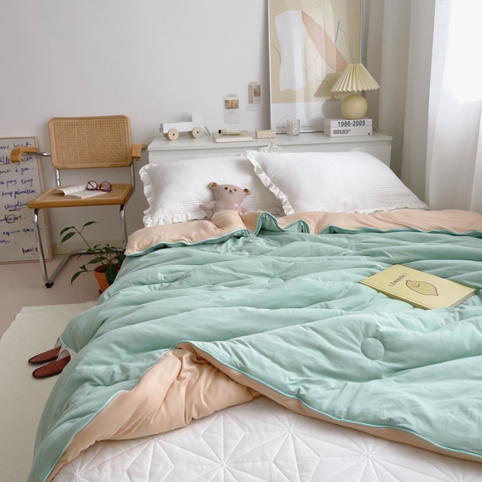 91家纺网 家纺一手货源 找家纺 星期八 2021新款马卡龙大豆针织春秋被冬被 豆绿卡其