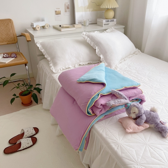 91家纺网 家纺一手货源 找家纺 星期八 2021新款马卡龙大豆针织春秋被冬被 粉紫蓝