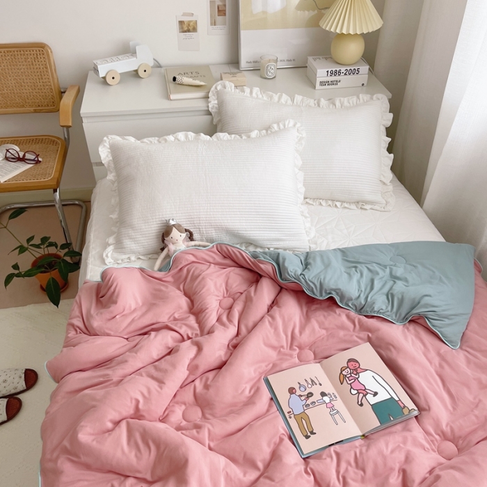 91家纺网 家纺一手货源 找家纺 星期八 2021新款马卡龙大豆针织春秋被冬被 藕粉豆绿