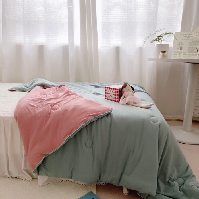 91家纺网 家纺一手货源 找家纺 星期八 2021新款马卡龙大豆针织春秋被冬被 藕粉豆绿