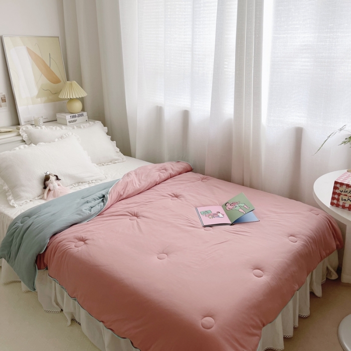 91家纺网 家纺一手货源 找家纺 星期八 2021新款马卡龙大豆针织春秋被冬被 藕粉豆绿