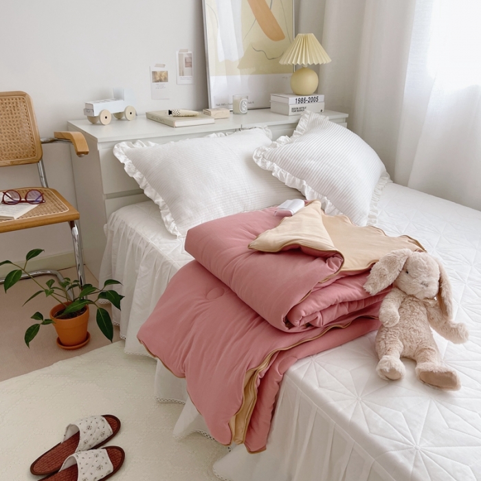 91家纺网 家纺一手货源 找家纺 星期八 2021新款马卡龙大豆针织春秋被冬被 深粉浅粉