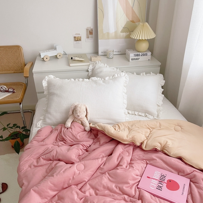 91家纺网 家纺一手货源 找家纺 星期八 2021新款马卡龙大豆针织春秋被冬被 深粉浅粉