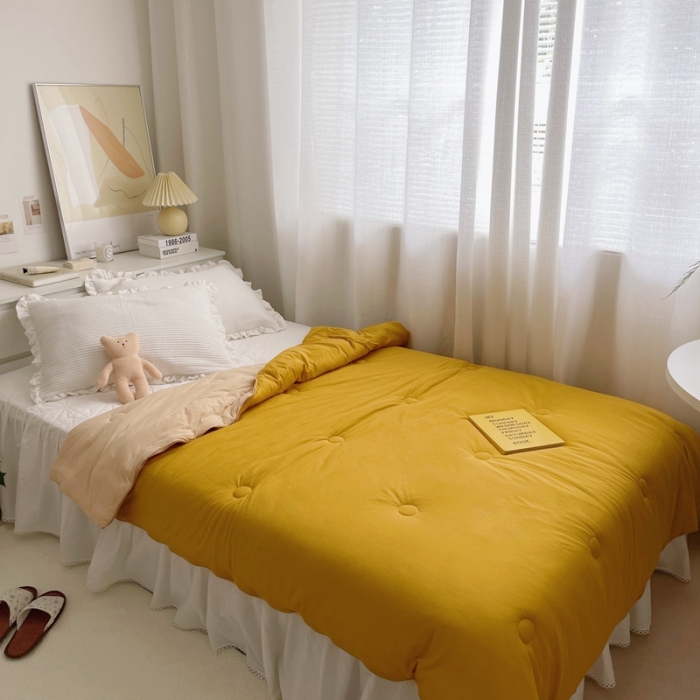 91家纺网 家纺一手货源 找家纺 星期八 2021新款马卡龙大豆针织春秋被冬被 深黄浅黄