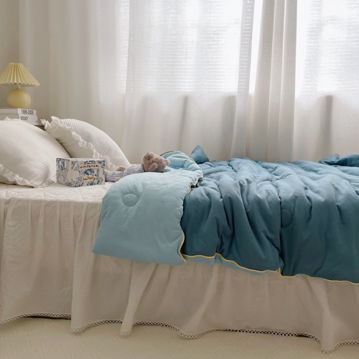 91家纺网 家纺一手货源 找家纺 星期八 2021新款马卡龙大豆针织春秋被冬被 深蓝浅蓝