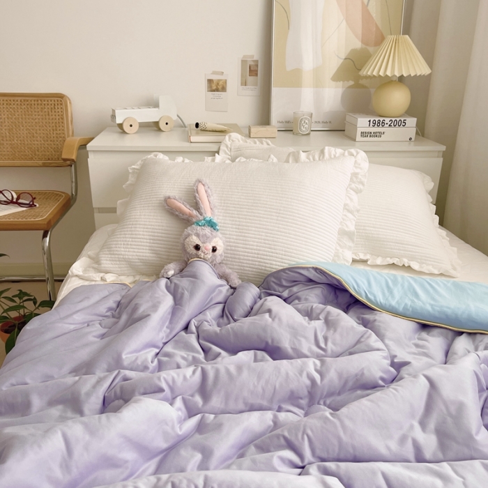 91家纺网 家纺一手货源 找家纺 星期八 2021新款马卡龙大豆针织春秋被冬被 紫蓝