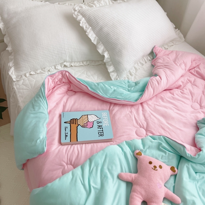 91家纺网 家纺一手货源 找家纺 星期八 2021新款马卡龙大豆针织春秋被冬被 绿粉