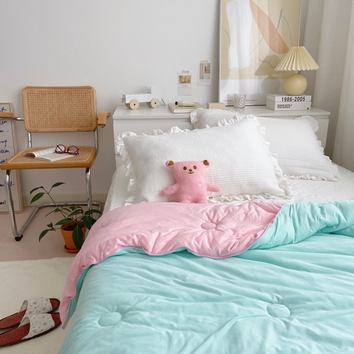 91家纺网 家纺一手货源 找家纺 星期八 2021新款马卡龙大豆针织春秋被冬被 绿粉