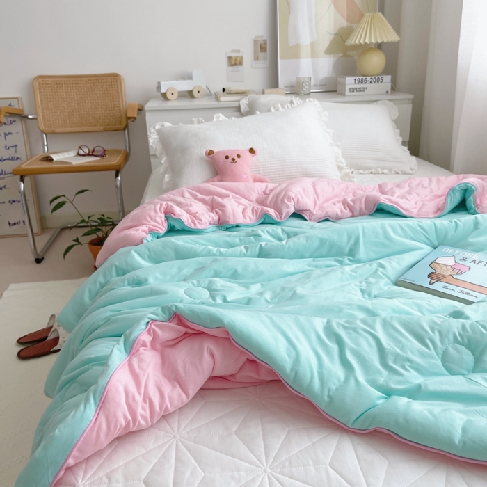 91家纺网 家纺一手货源 找家纺 星期八 2021新款马卡龙大豆针织春秋被冬被 绿粉