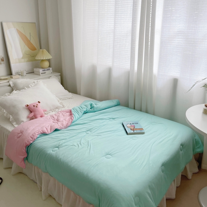 91家纺网 家纺一手货源 找家纺 星期八 2021新款马卡龙大豆针织春秋被冬被 绿粉