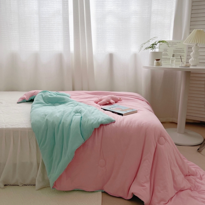 91家纺网 家纺一手货源 找家纺 星期八 2021新款马卡龙大豆针织春秋被冬被 绿粉