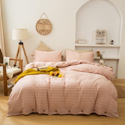 91家纺网 家纺一手货源 找家纺 尚品本色 2022新款全棉色织水洗棉提花纽扣款四件套纯棉 洛洛可-粉