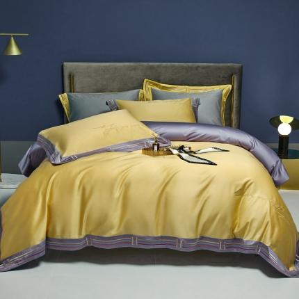 91家纺网 家纺一手货源 找家纺 爱缦 2021新款100S长绒棉贡缎刺绣四件套罗曼尼 彩虹黄