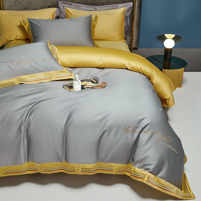 91家纺网 家纺一手货源 找家纺 爱缦 2021新款100S长绒棉贡缎刺绣四件套罗曼尼 时尚灰