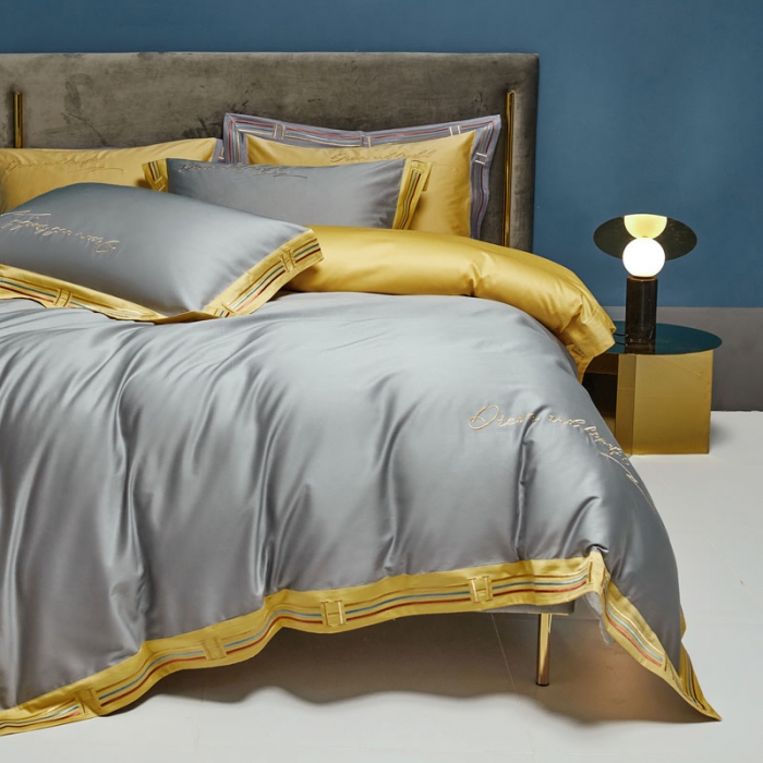 91家纺网 家纺一手货源 找家纺 爱缦 2021新款100S长绒棉贡缎刺绣四件套罗曼尼 时尚灰