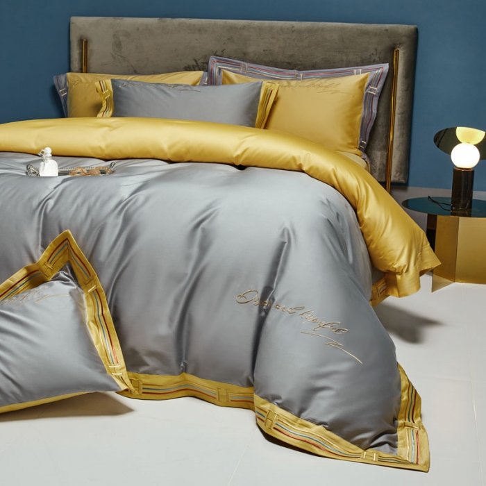 91家纺网 家纺一手货源 找家纺 爱缦 2021新款100S长绒棉贡缎刺绣四件套罗曼尼 时尚灰