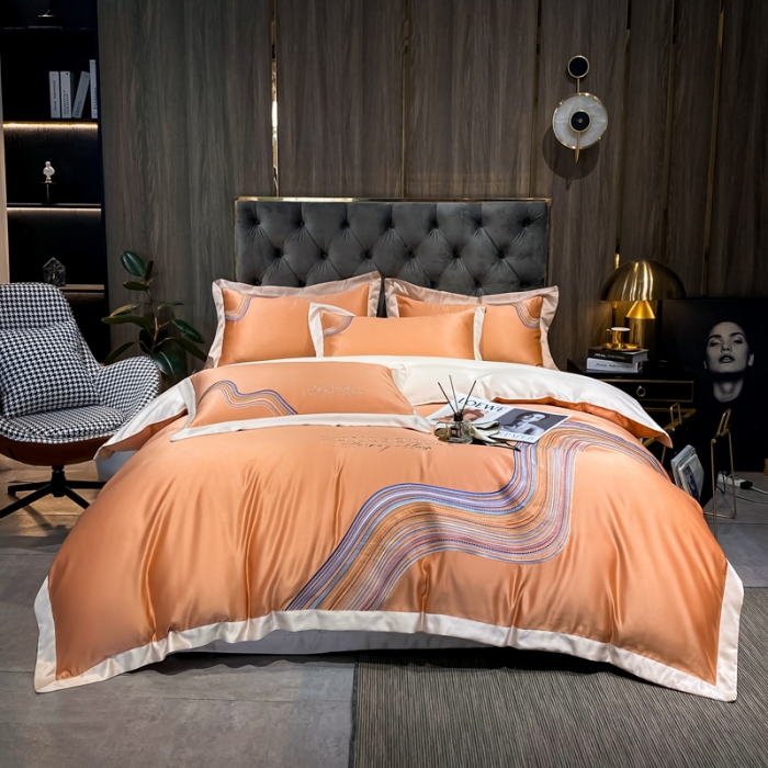 91家纺网 家纺一手货源 找家纺 宅家居 2024新款臻品真丝B版纯棉米莱四件套 米莱-爱玛橙