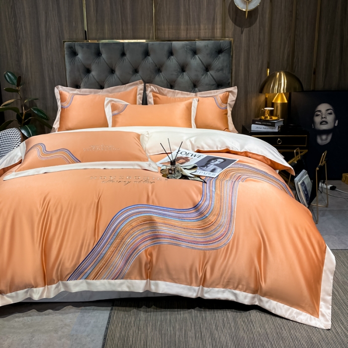 91家纺网 家纺一手货源 找家纺 宅家居 2024新款臻品真丝B版纯棉米莱四件套 米莱-爱玛橙