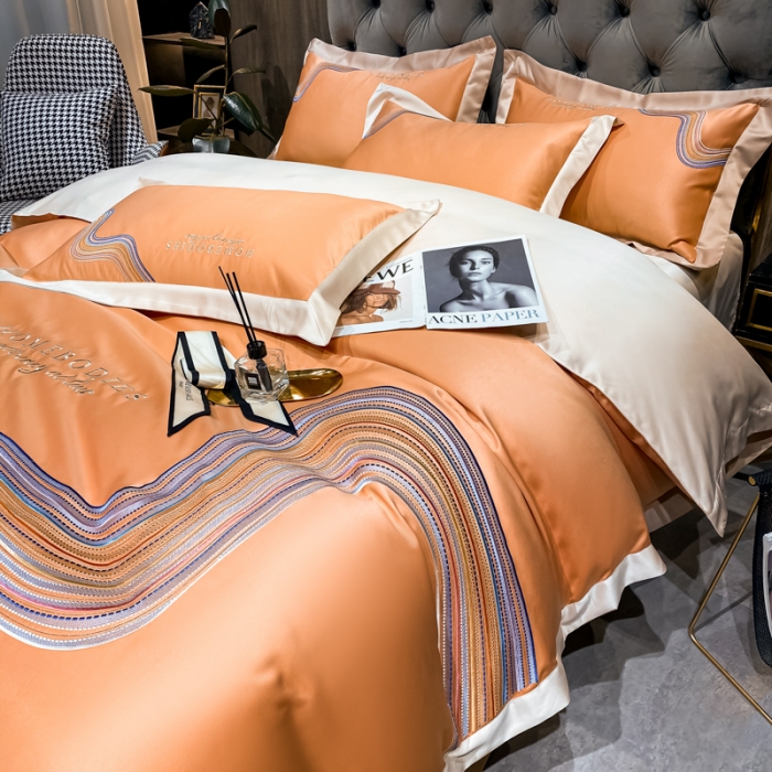 91家纺网 家纺一手货源 找家纺 宅家居 2024新款臻品真丝B版纯棉米莱四件套 米莱-爱玛橙