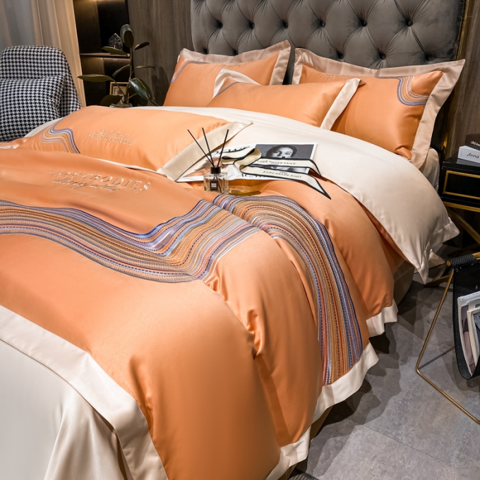 91家纺网 家纺一手货源 找家纺 宅家居 2024新款臻品真丝B版纯棉米莱四件套 米莱-爱玛橙