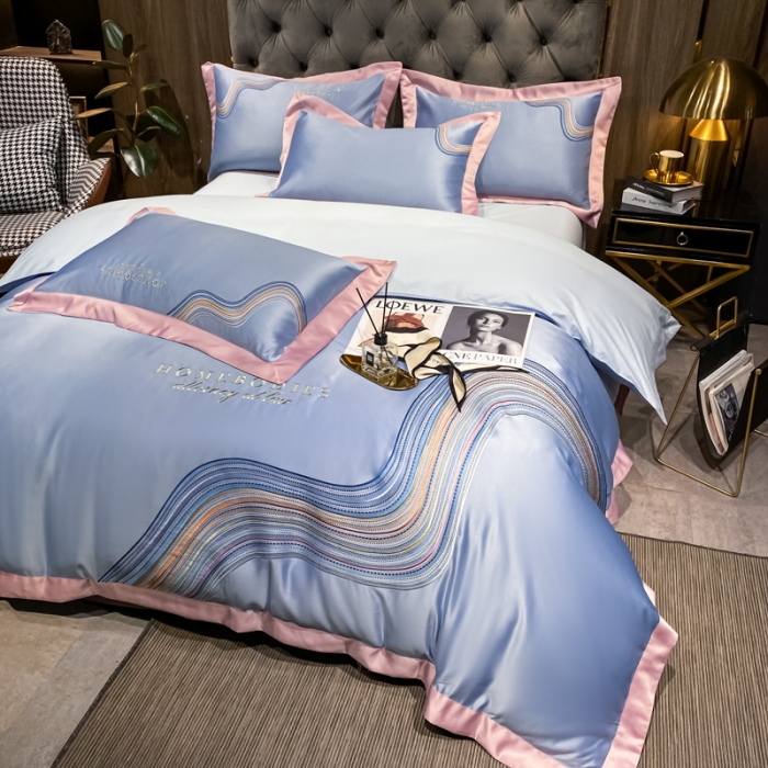 91家纺网 家纺一手货源 找家纺 宅家居 2024新款臻品真丝B版纯棉米莱四件套 米莱-浅海蓝