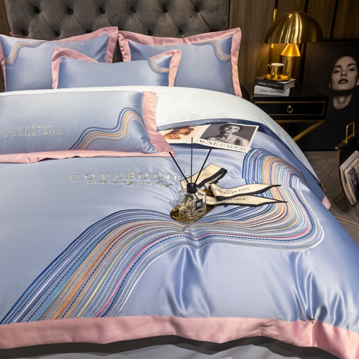 91家纺网 家纺一手货源 找家纺 宅家居 2024新款臻品真丝B版纯棉米莱四件套 米莱-浅海蓝