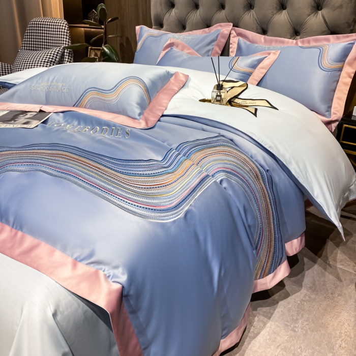 91家纺网 家纺一手货源 找家纺 宅家居 2024新款臻品真丝B版纯棉米莱四件套 米莱-浅海蓝